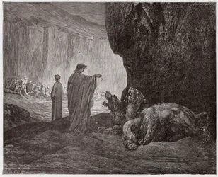 Inferno, Canto 6: Virgil voedt Cerberus in de derde cirkel (Illustratie door Gustave Doré)