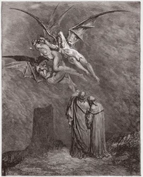 De goddelijke komedie (La Divina Commedia, La Divine Comédie), Inferno, canto 9: De afschuwelijke Erinyen: Megaera, Tisiphone, Alecto - van Dante Alighieri (1265-1321) - Illustratie door Gustave Doré (1832-1883)