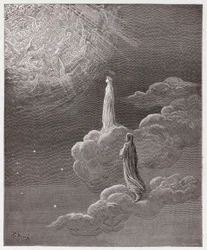 De Goddelijke Komedie (La Divina Commedia), Paradiso, Canto 14: Dante en Beatrice vertaald naar de sfeer van Mars - door Dante Alighieri (1265-1321) - Illustratie door Gustave Doré (1832-1883)