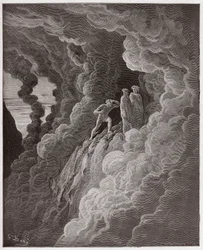 De Goddelijke Komedie, Purgatorio, Canto 16: Marco Lombardo volgt de dichters door de rook - door Dante Alighieri (1265-1321) - Illustratie door Gustave Dore (1832-1883)