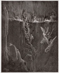 De Goddelijke Komedie, Purgatorio, Zang 25: Vergilius en Dante stijgen door vlammen op naar de zevende kring - van Dante Alighieri (1265-1321) - Illustratie van Gustave Doré (1832-1883)