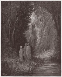 De Goddelijke Komedie (La Divina Commedia), Purgatorio, Canto 28: Dante, Virgil en Statius in het oude bos van het aardse paradijs - door Dante Alighieri (1265-1321) - Illustratie door Gustave Doré (1832-1883)