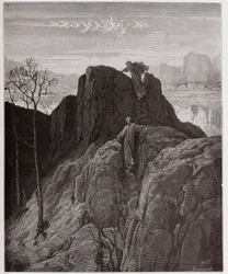 De Goddelijke Komedie, Purgatorio, Canto 4: Virgil leidt Dante de ruige berghelling op - door Dante Alighieri (1265-1321) - Illustratie door Gustave Doré (1832-1883)
