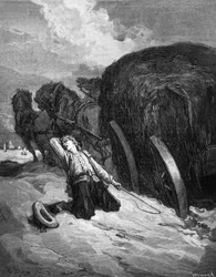 De "Fabels van Jean La Fontaine": de "chartier embourbé" (karreman vast in de modder), gravure door Paul Jonnard-Pacel naar Gustave Doré