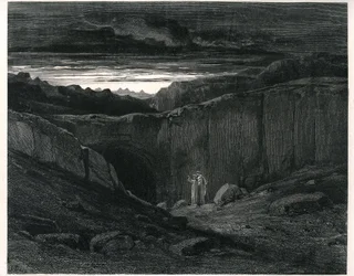 De Hel van Dante Alighieri (de Goddelijke Komedie) geïllustreerd door Gustave Dore. Franse editie van 1861. Dante en Virgil bij de ingang van de Hel: 
