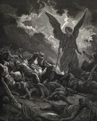 De Heilige Bijbel. 1866. SENNACHERIB (705-681 v.Chr.). Koning van Assyrië (705-681 v.Chr.). Engel van Yahweh van het leger van Sennacherib. Gravure