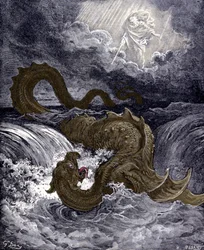 De Leviathan, zeemonster dat lijkt op de zeeslang die in de Bijbel wordt genoemd. Bijbelillustraties van Gustave Doré. Gravure uit de 19e eeuw.
