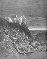 De oorlog in de hemel, uit boek VI van "Paradise Lost" van John Milton (1608-74), gegraveerd door A. Ligny, ca. 1868