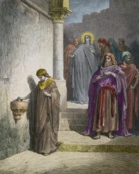 De gift van de weduwe - gravure door Gustave Doré - later ingekleurd