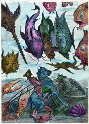 De baron op zijn paard kruist vissen in de zeebodem. Scène uit De avonturen van de baron van Munchausen (Munchhausen) van Rudolph Erich Raspe (1736 - 1794), illustratie van Gustave Dore. Einde van de 19e.