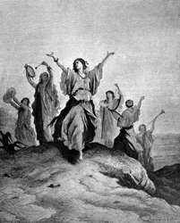 De dochter van Jefta, de rechter van Israël, ging haar vader tegemoet. Illustratie door Gustave Doré. Gravure uit de 19e eeuw.