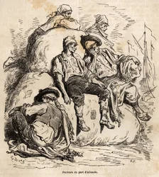De siësta van de dragers van de haven van Alicante, schets gemaakt op het levendige van Gustave Dore (1832-1883), ter illustratie van zijn reis naar Spanje, in 1862, met Ch. Davillier. Gravure in 