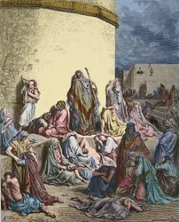 Het volk van Israël rouwt over Jeruzalem - Oude Testament - Klaagliederen van Jeremia - Het volk huilt in de ruïnes van Jeruzalem - gravure door Gustave Doré - later ingekleurd.