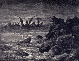De profeet Daniël ziet monsters verschijnen: Haniel, Kafziel, Azriel, Aniel. Gravure uit de Bijbel geïllustreerd door Gustave Doré. 19e eeuw