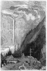Waterval van Cirque de Gavarnie gezien vanaf de herberg: gravure door Gustave Doré ter illustratie van het boek "Reis naar de Pyreneeën" door Hippolyte Taine, Hachette 1860.