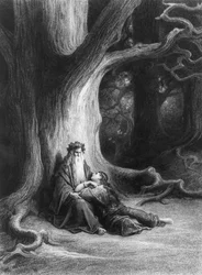 Tovenaar Merlijn en fee Vivien in het woud van Brocéliande. Naar het gedicht ‘Vivien’ van Alfred Tennyson (uitgegeven door uitgeverij Hachette, Parijs, 1868)
