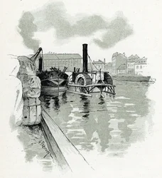 Boten die aanmeren in de haven van La Villette, Parijs. Tekening van Gustave Fraipont (1849-1923) uit „La Seine à travers Paris“ van Saint-Juirs