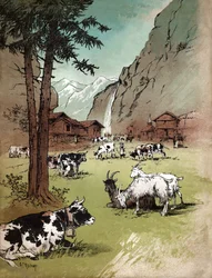 Boerderij en landschap in de Zwitserse Alpen, ca. 1910 (illustratie)