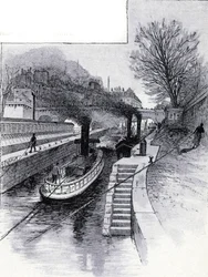 Sleepboten bij de sluis op de rivier de Seine voor het Hôtel des Monnaies, Parijs Tekening door Gustave Fraipont (1849-1923) uit Saint-Juirs