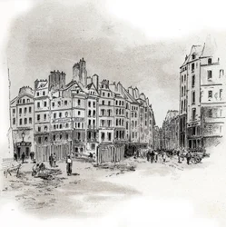 Uitzicht op Place Maubert, Parijs Tekening door Gustave Fraipont (1849-1923) uit 