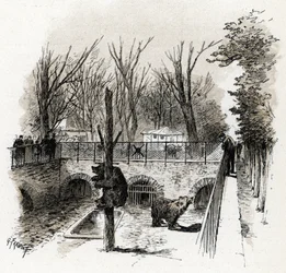 Gezicht op de berenkuil in de dierentuin van de Jardin des Plantes, Parijs. Tekening van Gustave Fraipont (1849-1923) uit „La Seine à travers Paris” van Saint-Juirs
