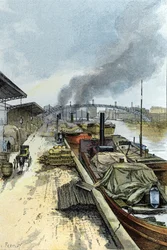 Uitzicht op het Canal de la Villette in Parijs. Tekening door Gustave Fraipont (1849-1923) uit Saint-Juirs