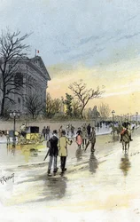 Gezicht op het Palais Bourbon, zetel van de Franse Nationale Vergadering, Parijs. Tekening van Gustave Fraipont (1849-1923) naar Saint-Juirs