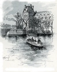 Uitzicht op het Pavillon de Flore, Palais du Louvre, vanaf de Quai Voltaire, Parijs Tekening door Gustave Fraipont (1849-1923) uit Saint-Juirs