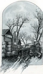 Uitzicht op het magazijn van rue de Sauternes, Bercy, Parijs Tekening door Gustave Fraipont (1849-1923) uit 