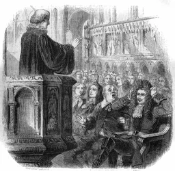 Peter de Grote (1672-1725), Russische tsaar, met zijn haar in de pruik van de burgemeester tijdens een bezoek aan een Nederlandse kerk in 1716. Gravure door Gustave Janet