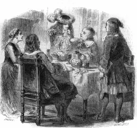 Russische tsaar Peter de Grote, gehuisvest in Frankrijk bij de familie Kalf, observeert de discussie tussen zijn gastheer en een dronkaard, de markies de Bernardini. Gravure door Gustave Janet