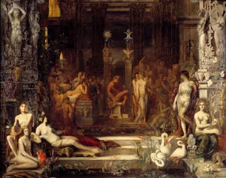 De dochters van Thespius. Koning Thespios had vijftig dochters die hij met Herakles (Hercules), in het midden afgebeeld, wilde verenigen, zodat zij allen een kind van hem kregen. Schilderij van Gustave Moreau (1826-1898). Afmetingen 2,5 x 2,5 m. Parijs