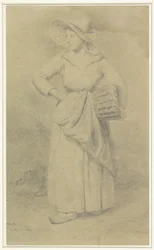 Staande dienstmaagd met een mand onder de arm