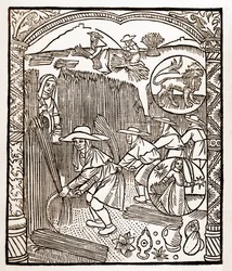 Herderkalender - De Arbeid van de Maanden - Augustus - Houtsnede uit het boek van 1496 gedrukt door Guy Marchant (Guido Mercator) in Troyes - Houtsnede in 