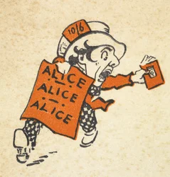 Illustratie van de Gekke Hoedenmaker die een boek en een bord met 