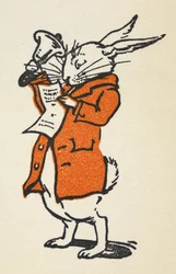 Illustratie van het Witte Konijn in een rood jasje dat een grote bel luidt en leest
