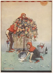 De tuinlieden van de Hartenkoningin schilderen de rozen van wit naar rood, uit Alice in Wonderland