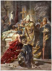 De doop van de heilige Stefanus (ca. 970-1038), heilige en eerste koning van Hongarije, gedoopt door de heilige Adalbert van Praag. Naar een werk van Gyula Benczúr. De Hongaarse prins Vajk wordt gedoopt door de heilige Adalbert van Praag en neemt de naam