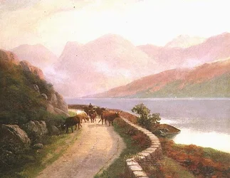 Veedrijver met koeien bij Lake Buttermere, avond