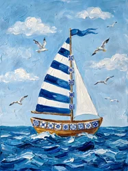 Gestreepte zeilboot in de blauwe oceaan