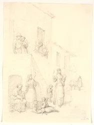 Vrouwen en kinderen buiten een Italiaans huis
