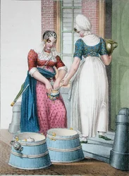 Een Amsterdamse dienstmeid en een lokale melkmeid, illustratie uit Collections des Costumes des Provinces Septentrionales du Royaume des Pays Bas... gegraveerd door Villeneuve