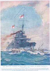 HMS Birmingham onder bevel van kapitein Arthur Duff, ramt de Duitse onderzeeër U15 op 9 augustus 1914, illustratie uit 