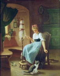 Meisje aan een spinnewiel
