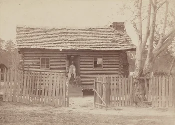 Albuminefoto van een vrouw en twee kinderen voor een blokhut in Georgia