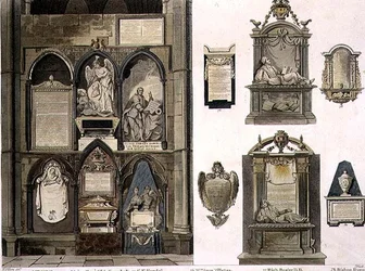 Westzijde van Poets Corner, plaat 25 uit Westminster Abbey, gegraveerd door J. Bluck (fl.1791-1831) pub. door Rudolph Ackermann (1764-1834) 1811