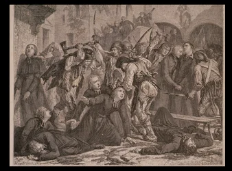 De Slachting van de Priesters in September 1792, gegraveerd door Charles Maurand