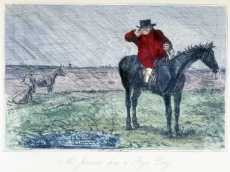Paardenjachtscène op een regenachtige dag. Engelse karikatuur over vossenjacht uit de "avonturen van Thomas Scott of Hauwbuck Grange", illustratie door H.K. Browne en W.T. Maud.
