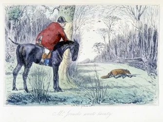 Paardenjachtscène. Engelse cartoon over vossenjacht uit "Avonturen van Thomas Scott of Hawbuck Grange", illustratie door H.K. Browne en W.T. Maud.
