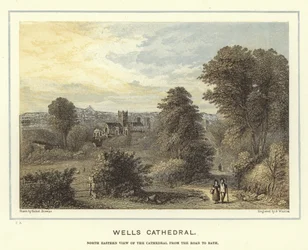 Wells Kathedraal, noordoostelijk uitzicht op de kathedraal vanaf de weg naar Bath